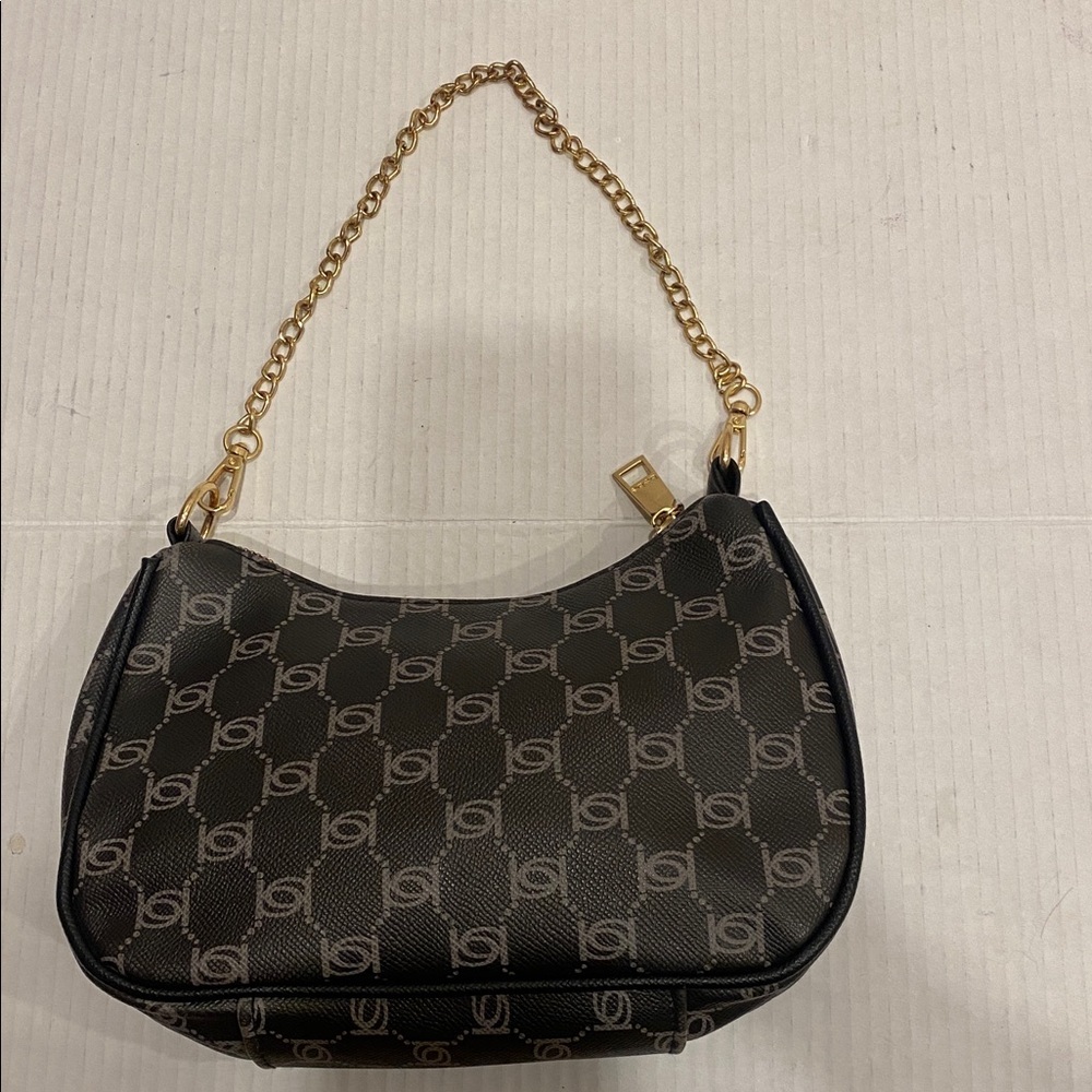 Bebe Small Compact Monogram Brown & Gold Shoulder Bag with removable chain - Picture 6 of 16